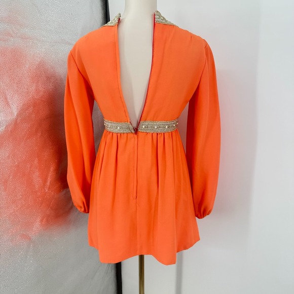 Vintage 60s Coral Highlighter Neon Babydoll‎ Mini Dress Gold White Woven Trim - Picture 2 of 15